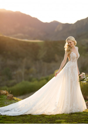 Beaded Ivory Lace Tulle Open Cross Back Wedding Dress